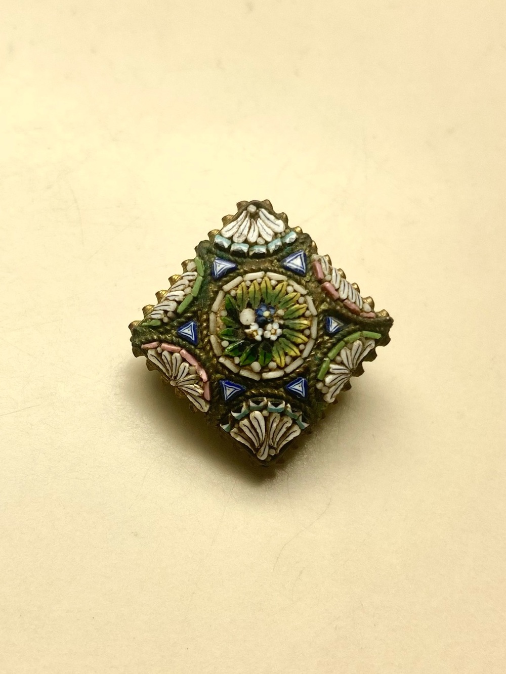 Vintage square glass mosaic floral pin brooch